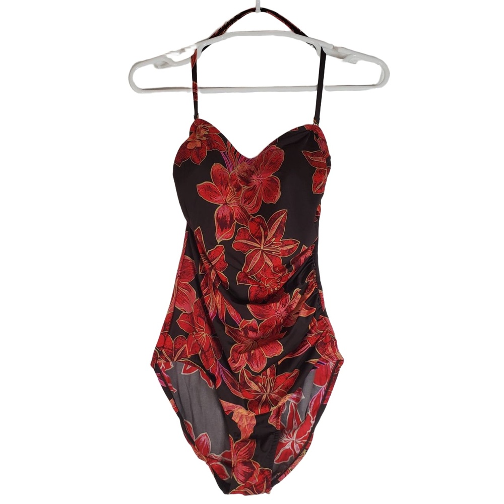 NWOT Classics By Jantzen Red Floral Lily Ruched Halter One Piece Swimsuit 10